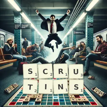 Illustration créative d'un jeu de lettres avec le mot SCRUTINS épelé sur le plateau.