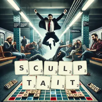 Illustration créative d'un jeu de lettres avec le mot SCULPTAIT épelé sur le plateau.