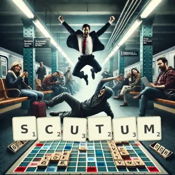 Illustration créative d'un jeu de lettres avec le mot SCUTUM épelé sur le plateau.