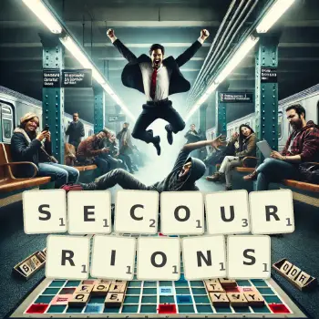 Illustration créative d'un jeu de lettres avec le mot SECOURRIONS épelé sur le plateau.