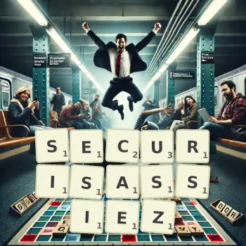 Illustration créative d'un jeu de lettres avec le mot SECURISASSIEZ épelé sur le plateau.
