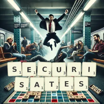 Illustration créative d'un jeu de lettres avec le mot SECURISATES épelé sur le plateau.