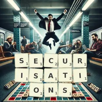 Illustration créative d'un jeu de lettres avec le mot SECURISATIONS épelé sur le plateau.