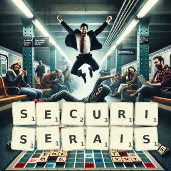 Illustration créative d'un jeu de lettres avec le mot SECURISERAIS épelé sur le plateau.