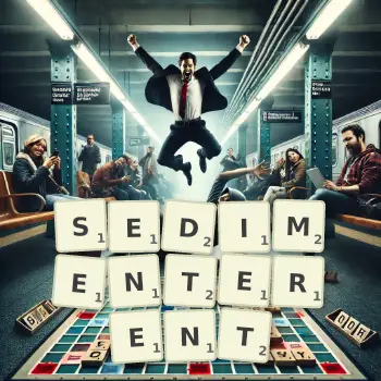 Illustration créative d'un jeu de lettres avec le mot SEDIMENTERENT épelé sur le plateau.