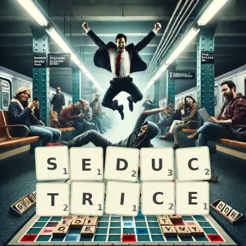 Illustration créative d'un jeu de lettres avec le mot SEDUCTRICE épelé sur le plateau.