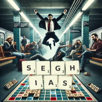 Illustration créative d'un jeu de lettres avec le mot SEGHIAS épelé sur le plateau.