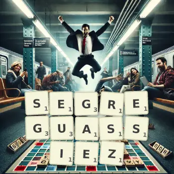 Illustration créative d'un jeu de lettres avec le mot SEGREGUASSIEZ épelé sur le plateau.
