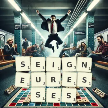 Illustration créative d'un jeu de lettres avec le mot SEIGNEURESSES épelé sur le plateau.