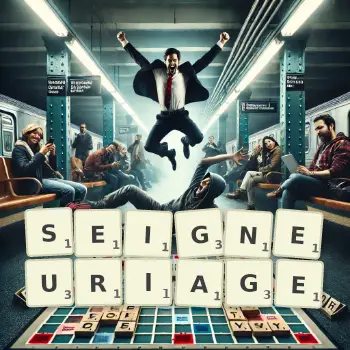 Illustration créative d'un jeu de lettres avec le mot SEIGNEURIAGE épelé sur le plateau.