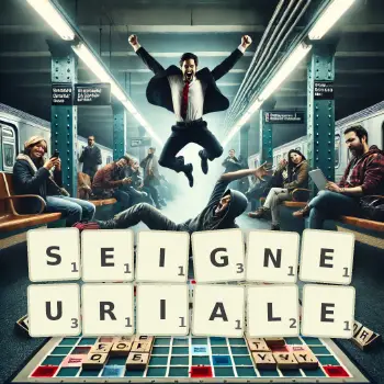 Illustration créative d'un jeu de lettres avec le mot SEIGNEURIALE épelé sur le plateau.