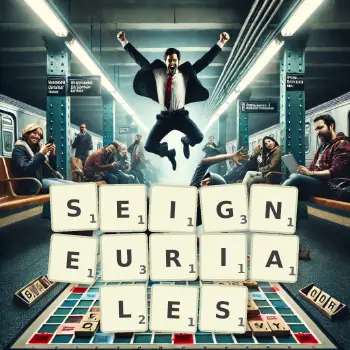 Illustration créative d'un jeu de lettres avec le mot SEIGNEURIALES épelé sur le plateau.