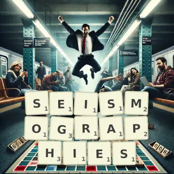 Illustration créative d'un jeu de lettres avec le mot SEISMOGRAPHIES épelé sur le plateau.