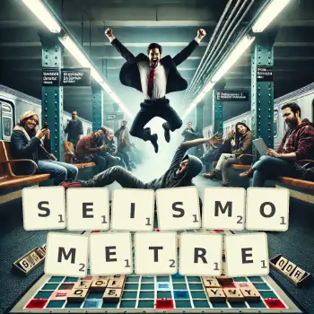 Illustration créative d'un jeu de lettres avec le mot SEISMOMETRE épelé sur le plateau.