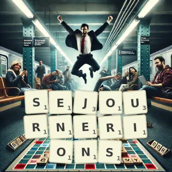Illustration créative d'un jeu de lettres avec le mot SEJOURNERIONS épelé sur le plateau.