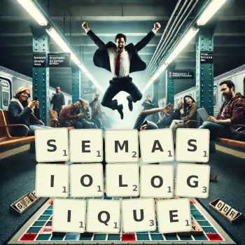 Illustration créative d'un jeu de lettres avec le mot SEMASIOLOGIQUE épelé sur le plateau.