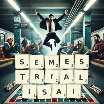 Illustration créative d'un jeu de lettres avec le mot SEMESTRIALISAI épelé sur le plateau.