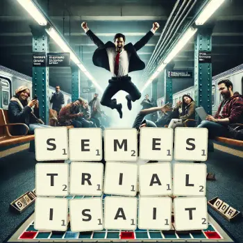 Illustration créative d'un jeu de lettres avec le mot SEMESTRIALISAIT épelé sur le plateau.