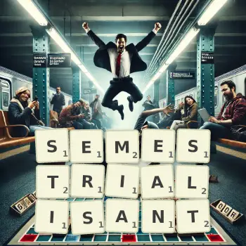 Illustration créative d'un jeu de lettres avec le mot SEMESTRIALISANT épelé sur le plateau.