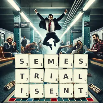 Illustration créative d'un jeu de lettres avec le mot SEMESTRIALISENT épelé sur le plateau.