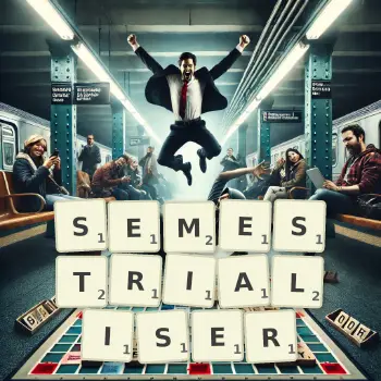 Illustration créative d'un jeu de lettres avec le mot SEMESTRIALISER épelé sur le plateau.