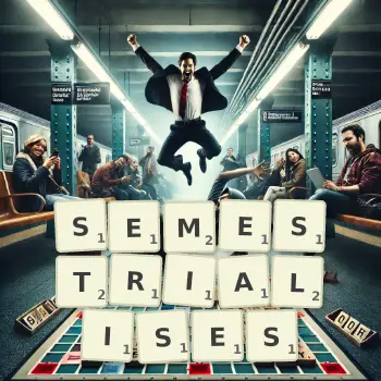 Illustration créative d'un jeu de lettres avec le mot SEMESTRIALISES épelé sur le plateau.