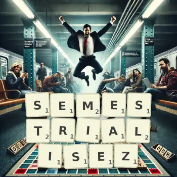 Illustration créative d'un jeu de lettres avec le mot SEMESTRIALISEZ épelé sur le plateau.