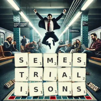 Illustration créative d'un jeu de lettres avec le mot SEMESTRIALISONS épelé sur le plateau.