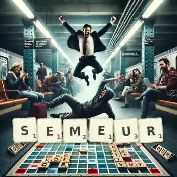 Illustration créative d'un jeu de lettres avec le mot SEMEUR épelé sur le plateau.