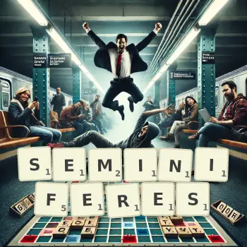 Illustration créative d'un jeu de lettres avec le mot SEMINIFERES épelé sur le plateau.