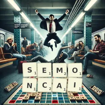Illustration créative d'un jeu de lettres avec le mot SEMONCAI épelé sur le plateau.