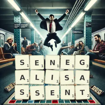 Illustration créative d'un jeu de lettres avec le mot SENEGALISASSENT épelé sur le plateau.