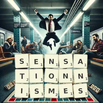 Illustration créative d'un jeu de lettres avec le mot SENSATIONNISMES épelé sur le plateau.