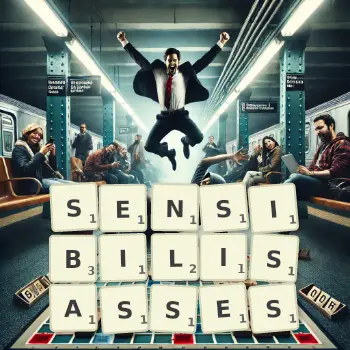 Illustration créative d'un jeu de lettres avec le mot SENSIBILISASSES épelé sur le plateau.