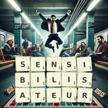 Illustration créative d'un jeu de lettres avec le mot SENSIBILISATEUR épelé sur le plateau.