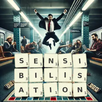 Illustration créative d'un jeu de lettres avec le mot SENSIBILISATION épelé sur le plateau.
