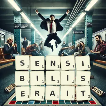 Illustration créative d'un jeu de lettres avec le mot SENSIBILISERAIT épelé sur le plateau.