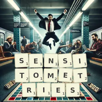 Illustration créative d'un jeu de lettres avec le mot SENSITOMETRIES épelé sur le plateau.