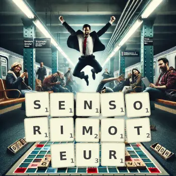 Illustration créative d'un jeu de lettres avec le mot SENSORIMOTEUR épelé sur le plateau.