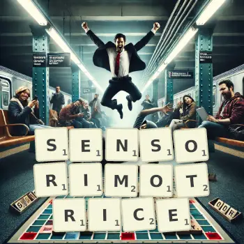 Illustration créative d'un jeu de lettres avec le mot SENSORIMOTRICE épelé sur le plateau.