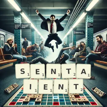 Illustration créative d'un jeu de lettres avec le mot SENTAIENT épelé sur le plateau.