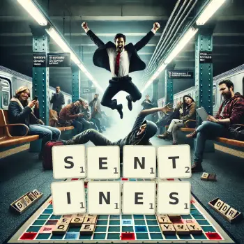 Illustration créative d'un jeu de lettres avec le mot SENTINES épelé sur le plateau.