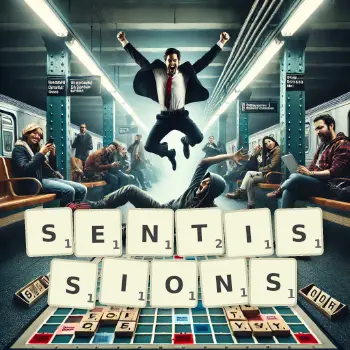 Illustration créative d'un jeu de lettres avec le mot SENTISSIONS épelé sur le plateau.