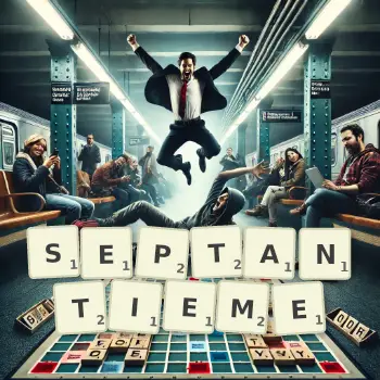 Illustration créative d'un jeu de lettres avec le mot SEPTANTIEME épelé sur le plateau.