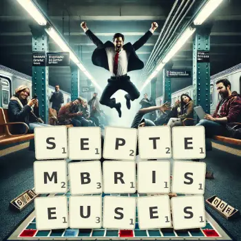 Illustration créative d'un jeu de lettres avec le mot SEPTEMBRISEUSES épelé sur le plateau.