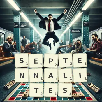 Illustration créative d'un jeu de lettres avec le mot SEPTENNALITES épelé sur le plateau.