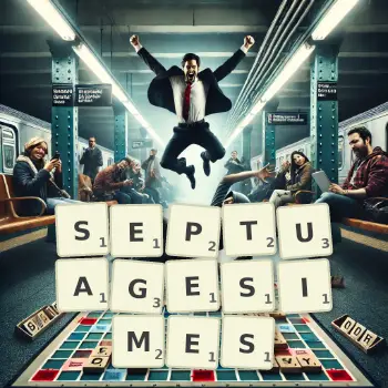 Illustration créative d'un jeu de lettres avec le mot SEPTUAGESIMES épelé sur le plateau.