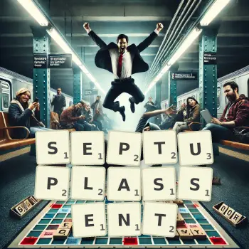 Illustration créative d'un jeu de lettres avec le mot SEPTUPLASSENT épelé sur le plateau.