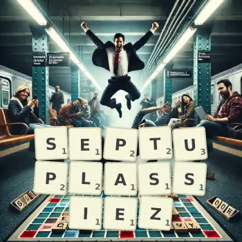 Illustration créative d'un jeu de lettres avec le mot SEPTUPLASSIEZ épelé sur le plateau.
