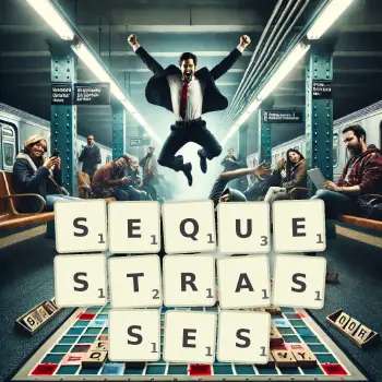 Illustration créative d'un jeu de lettres avec le mot SEQUESTRASSES épelé sur le plateau.